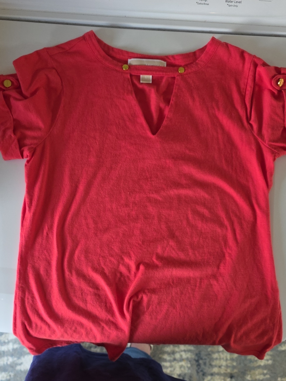Michael Kors Coral Pink Short-Sleeve Notch Top with Gold Buttons